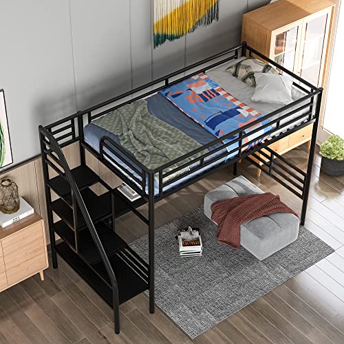 Metal Loft Bed with Desk, Twin Loft Bed with Stairs, Heavy Duty Metal Loft Bed Frame for Bedroom, Dorm Room or Guestroom, No Box Spring Needed (Twin Size, Black)