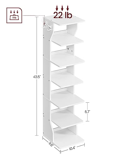 VASAGLE 7 Tier Vertical Shoe Rack, Narrow Shoe Storage Organizer with Hooks, Slim Wooden Corner Shoe Tower Rack, Robust and Durable, Space Saving for Entryway and Bedroom, White ULBS200T14