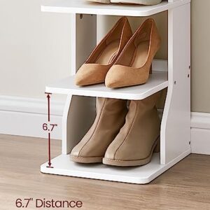 VASAGLE 7 Tier Vertical Shoe Rack, Narrow Shoe Storage Organizer with Hooks, Slim Wooden Corner Shoe Tower Rack, Robust and Durable, Space Saving for Entryway and Bedroom, White ULBS200T14