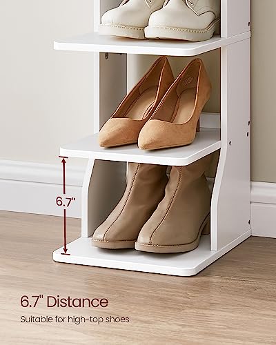 VASAGLE 7 Tier Vertical Shoe Rack, Narrow Shoe Storage Organizer with Hooks, Slim Wooden Corner Shoe Tower Rack, Robust and Durable, Space Saving for Entryway and Bedroom, White ULBS200T14