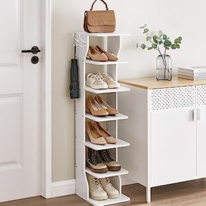 VASAGLE 7 Tier Vertical Shoe Rack, Narrow Shoe Storage Organizer with Hooks, Slim Wooden Corner Shoe Tower Rack, Robust and Durable, Space Saving for Entryway and Bedroom, White ULBS200T14