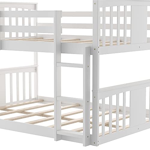 CITYLIGHT Floor Full Over Full Bunk Beds, Wooden Low Full Over Full Bunk Bed for Kids, Toddler Full Bunk Bed for Girls Boys Teens’ Bedroom or Dorm （Full,White）