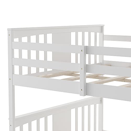 CITYLIGHT Floor Full Over Full Bunk Beds, Wooden Low Full Over Full Bunk Bed for Kids, Toddler Full Bunk Bed for Girls Boys Teens’ Bedroom or Dorm （Full,White）