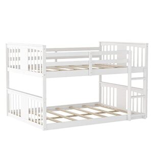 CITYLIGHT Floor Full Over Full Bunk Beds, Wooden Low Full Over Full Bunk Bed for Kids, Toddler Full Bunk Bed for Girls Boys Teens’ Bedroom or Dorm （Full,White）