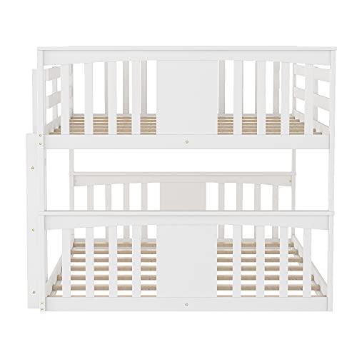 CITYLIGHT Floor Full Over Full Bunk Beds, Wooden Low Full Over Full Bunk Bed for Kids, Toddler Full Bunk Bed for Girls Boys Teens’ Bedroom or Dorm （Full,White）