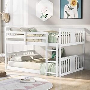 CITYLIGHT Floor Full Over Full Bunk Beds, Wooden Low Full Over Full Bunk Bed for Kids, Toddler Full Bunk Bed for Girls Boys Teens’ Bedroom or Dorm （Full,White）