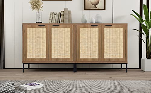 Anmytek Rustic Oak Accent Storage Cabinet with 2 Rattan Doors, Mid Century Natural Wood Sideboard Furniture for Living Room H0045