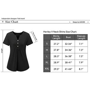 LAISHEN Women's Short Sleeve Henley V Neck Shirts Button Down Tunic Tops Casual Summer Blouse(Black,L)