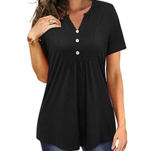 LAISHEN Women's Short Sleeve Henley V Neck Shirts Button Down Tunic Tops Casual Summer Blouse(Black,L)