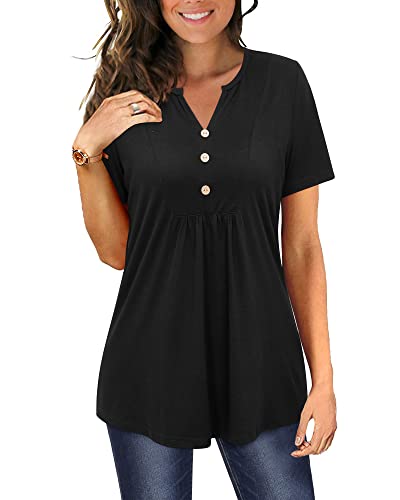 LAISHEN Women's Short Sleeve Henley V Neck Shirts Button Down Tunic Tops Casual Summer Blouse(Black,L)