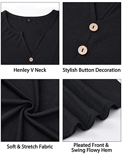 LAISHEN Women's Short Sleeve Henley V Neck Shirts Button Down Tunic Tops Casual Summer Blouse(Black,L)