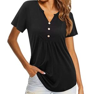 LAISHEN Women's Short Sleeve Henley V Neck Shirts Button Down Tunic Tops Casual Summer Blouse(Black,L)