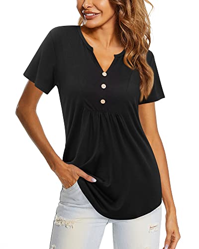 LAISHEN Women's Short Sleeve Henley V Neck Shirts Button Down Tunic Tops Casual Summer Blouse(Black,L)