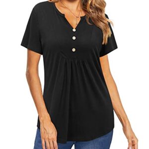 LAISHEN Women's Short Sleeve Henley V Neck Shirts Button Down Tunic Tops Casual Summer Blouse(Black,L)