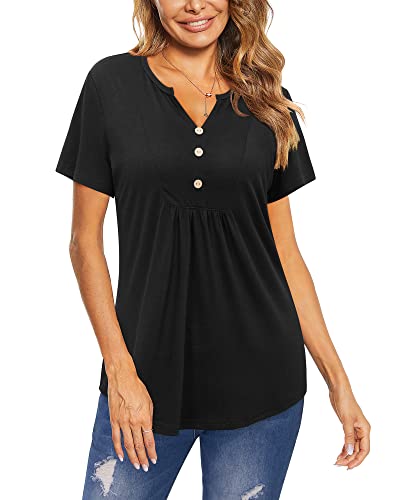 LAISHEN Women's Short Sleeve Henley V Neck Shirts Button Down Tunic Tops Casual Summer Blouse(Black,L)