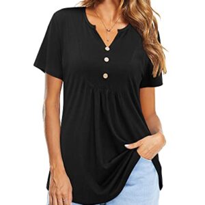 LAISHEN Women's Short Sleeve Henley V Neck Shirts Button Down Tunic Tops Casual Summer Blouse(Black,L)