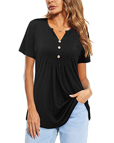 LAISHEN Women's Short Sleeve Henley V Neck Shirts Button Down Tunic Tops Casual Summer Blouse(Black,L)