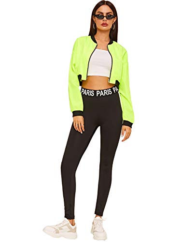 Floerns Women's Long Sleeve Lightweight Crop Bomber Jacket B Neon Green L