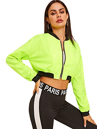 Floerns Women's Long Sleeve Lightweight Crop Bomber Jacket B Neon Green L