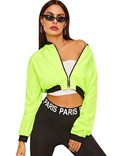 Floerns Women's Long Sleeve Lightweight Crop Bomber Jacket B Neon Green L