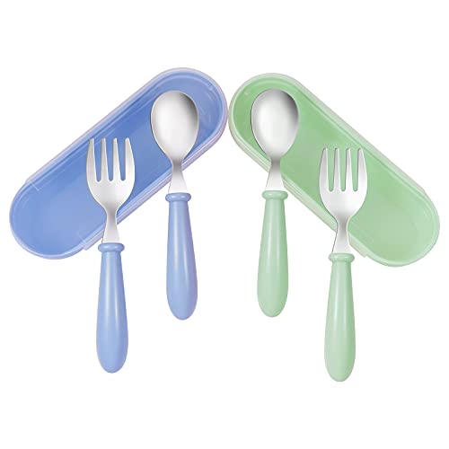 Kirecoo 4 Pieces Toddler Utensils Stainless Steel Baby Forks and Spoons Silverware Set Kids Silverware Children's Flatware Kids Cutlery Set with Travel Carrying Cases for Lunch Box (Blue＆Green)