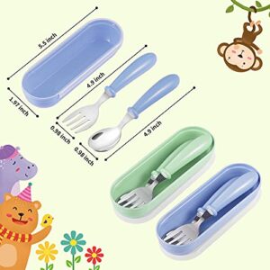 Kirecoo 4 Pieces Toddler Utensils Stainless Steel Baby Forks and Spoons Silverware Set Kids Silverware Children's Flatware Kids Cutlery Set with Travel Carrying Cases for Lunch Box (Blue＆Green)