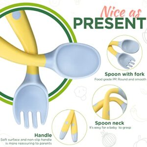 Toddler Utensils Baby Spoons and Forks Set with Case Bendable Self Feeding Training Flatware Silicone Spoon Fork for Kids Babies Children Handle Toddler Set, Green, Pink, Yellow (3 Sets)