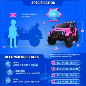 Joywhale 24V 2 Seater Kids Ride on Car Truck 4WD Battery Powered Motorized Easy-Drag Truck, with 4x75W Powerful Engine, Soft Braking, Remote Control, Suspension & Free Car Cover, 2023 New Model, Pink