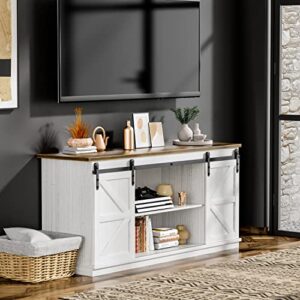 zpk farmhouse tv stand for 65 inch tv, modern television stands mid century media entertainment center with sliding barn doors and storage cabinets, console table for living room, bedroom (white)