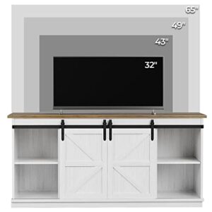 ZPK Farmhouse TV Stand for 65 Inch TV, Modern Television Stands Mid Century Media Entertainment Center with Sliding Barn Doors and Storage Cabinets, Console Table for Living Room, Bedroom (White)