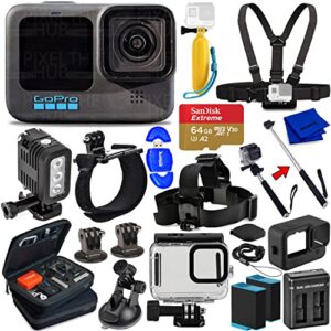 pixel hub gopro hero10 hero 10 camcorder black - ultimate bundle includes: sandisk ultra 64gb microsd, 2x extra batteries, charger, underwater housing, led light kit, carry case and more