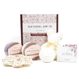 natural amor- spa gift set for women- luxurious rose scent bath gift for her- 6pc bath & body gift including soap bar, bath bomb, bath salt