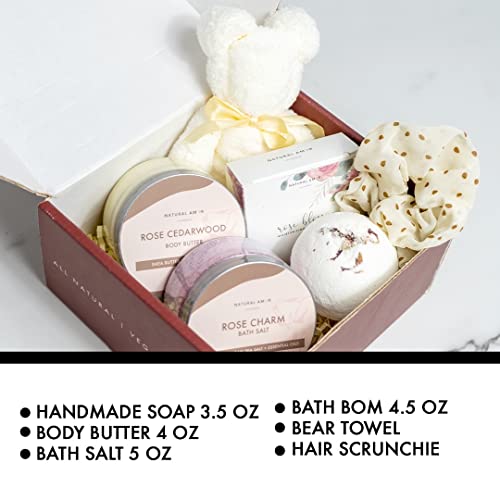 Natural Amor- Spa Gift Set for Women- Luxurious Rose Scent Bath gift for her- 6pc Bath & Body gift including soap bar, bath bomb, bath salt