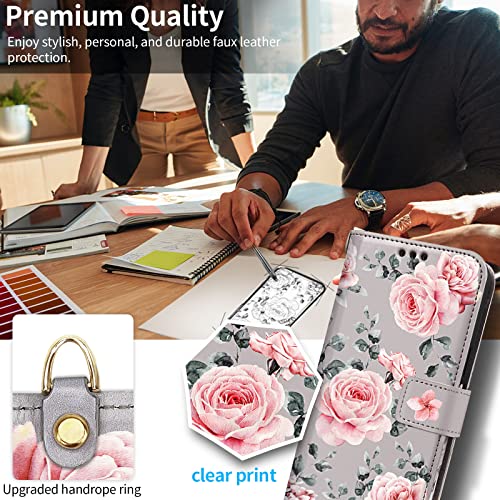 HOGGU iPhone 13 Pro Wallet Case - Magnetic Detachable iPhone 13 Pro Case Wallet with RFID Blocking Card Holder, Hand Strap, Floral Flower PU Leather Flip Cover Case for Women Girls（Gray）