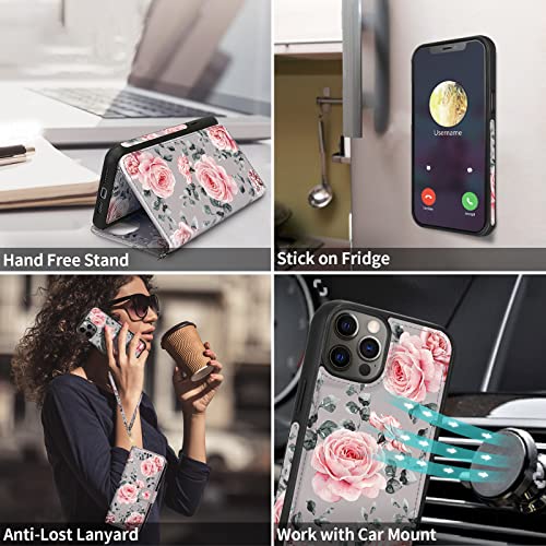 HOGGU iPhone 13 Pro Wallet Case - Magnetic Detachable iPhone 13 Pro Case Wallet with RFID Blocking Card Holder, Hand Strap, Floral Flower PU Leather Flip Cover Case for Women Girls（Gray）