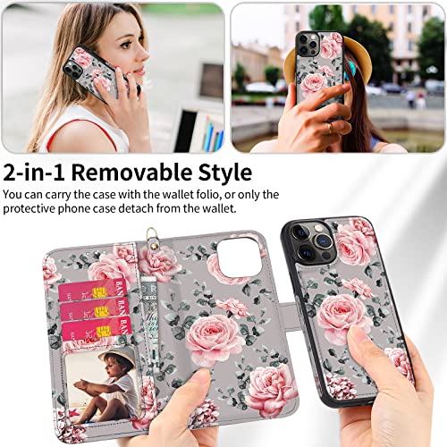 HOGGU iPhone 13 Pro Wallet Case - Magnetic Detachable iPhone 13 Pro Case Wallet with RFID Blocking Card Holder, Hand Strap, Floral Flower PU Leather Flip Cover Case for Women Girls（Gray）