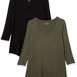 Amazon Essentials Women's 3/4 Sleeve Scoopneck Tunic, Pack of 2, Black/Olive, Large