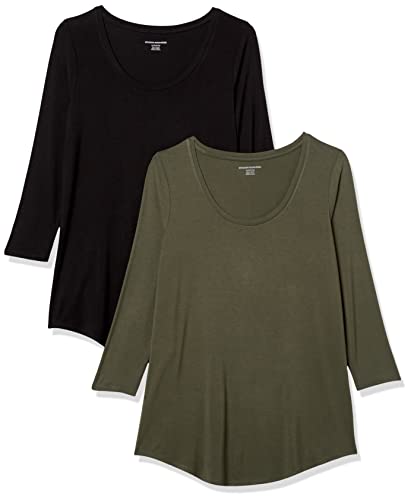 Amazon Essentials Women's 3/4 Sleeve Scoopneck Tunic, Pack of 2, Black/Olive, Large