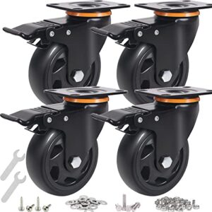 4 inch caster wheels, casters set of 4 heavy duty with brake, polyurethane foam no noise wheels, safety dual locking plate industrial casters, loading 2000lbs (two sets hardward kits)