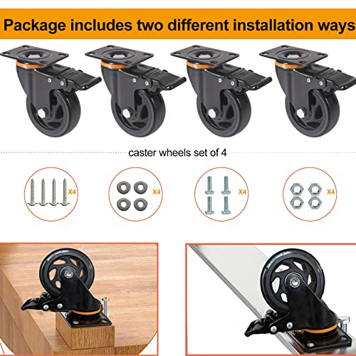 4 Inch Caster Wheels, Casters Set of 4 Heavy Duty with Brake, Polyurethane Foam No Noise Wheels, Safety Dual Locking Plate Industrial Casters, Loading 2000lbs (Two Sets Hardward Kits)