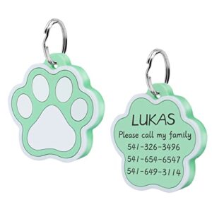 camal 2 pack silent dog id tags personalized, cute paw shape custom dog tags, durable silicone pet tags for dogs up to 5 lines of custom text, double sided engraving
