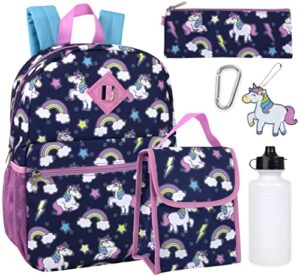 trail maker girl's 6 in 1 backpack with lunch bag, pencil case, keychain, and accessories (electric unicorns)