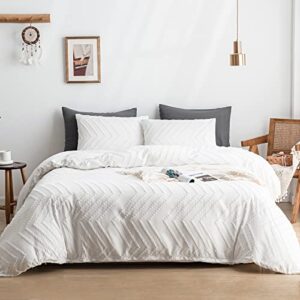 warmdern boho duvet cover set, tufted bedding duvet covers soft washed microfiber duvet cover queen size, 3 pieces embroidery shabby chic duvet cover with zipper closure(white, queen)