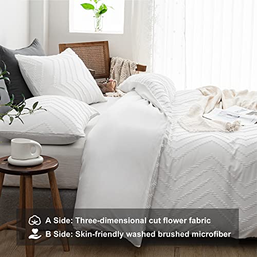 WARMDERN Boho Duvet Cover Set, Tufted Bedding Duvet Covers Soft Washed Microfiber Duvet Cover Queen Size, 3 Pieces Embroidery Shabby Chic Duvet Cover with Zipper Closure(White, Queen)