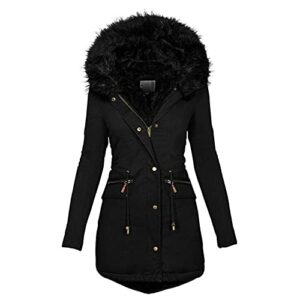lugogne womens winter coats casual warm thick jacket big fur collar zip up hoodie padded fleece oversized jackets b-black