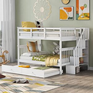 full over full bunk bed with trundle, wood full bunk bed with storage shelves, full over full bunk bed frame with guardrails and stairs for kids teens adults, can be convertible into 2 beds, white