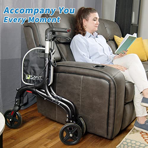 Planetwalk Premium 3 Wheel Rollator Walker for Seniors - Ultra Lightweight Foldable Walker for Elderly, Aluminum Three Wheel Mobility Aid, Black