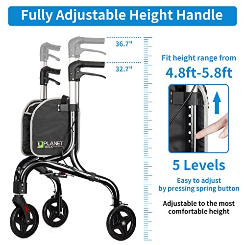 Planetwalk Premium 3 Wheel Rollator Walker for Seniors - Ultra Lightweight Foldable Walker for Elderly, Aluminum Three Wheel Mobility Aid, Black