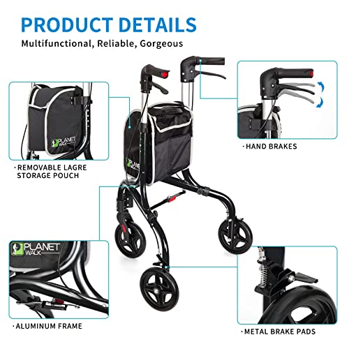 Planetwalk Premium 3 Wheel Rollator Walker for Seniors - Ultra Lightweight Foldable Walker for Elderly, Aluminum Three Wheel Mobility Aid, Black