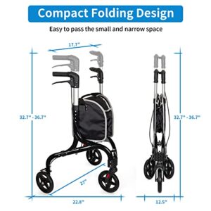 Planetwalk Premium 3 Wheel Rollator Walker for Seniors - Ultra Lightweight Foldable Walker for Elderly, Aluminum Three Wheel Mobility Aid, Black